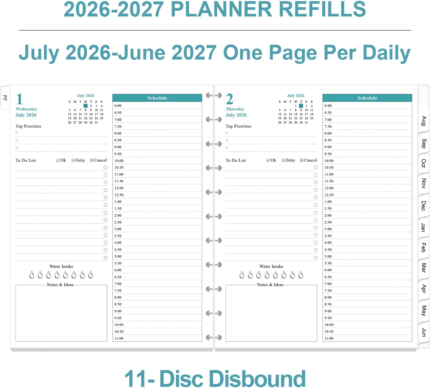 2026-2027 Daily Planner Refills - One Page Per Day from July 2026 - June 2027, 11-Disc Discbound Planner Inserts, Letter Size, 8.5" x 11" image 2
