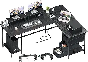 66" L Shaped Computer Desk, 94.4'' Home Office Desk with Power Outlets, 4 Adjustable Storage Drawers & 2 Monitor Stands, Large Two Person Gaming Table for Writing Study, Black