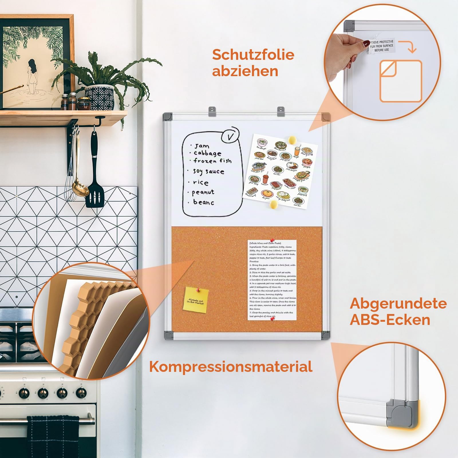 Swansea Whiteboard Magnettafel und Pinnwand Kork mit Aluminiumrahmen für Wohnung, Büro, Küche und Schule, 120x90cm