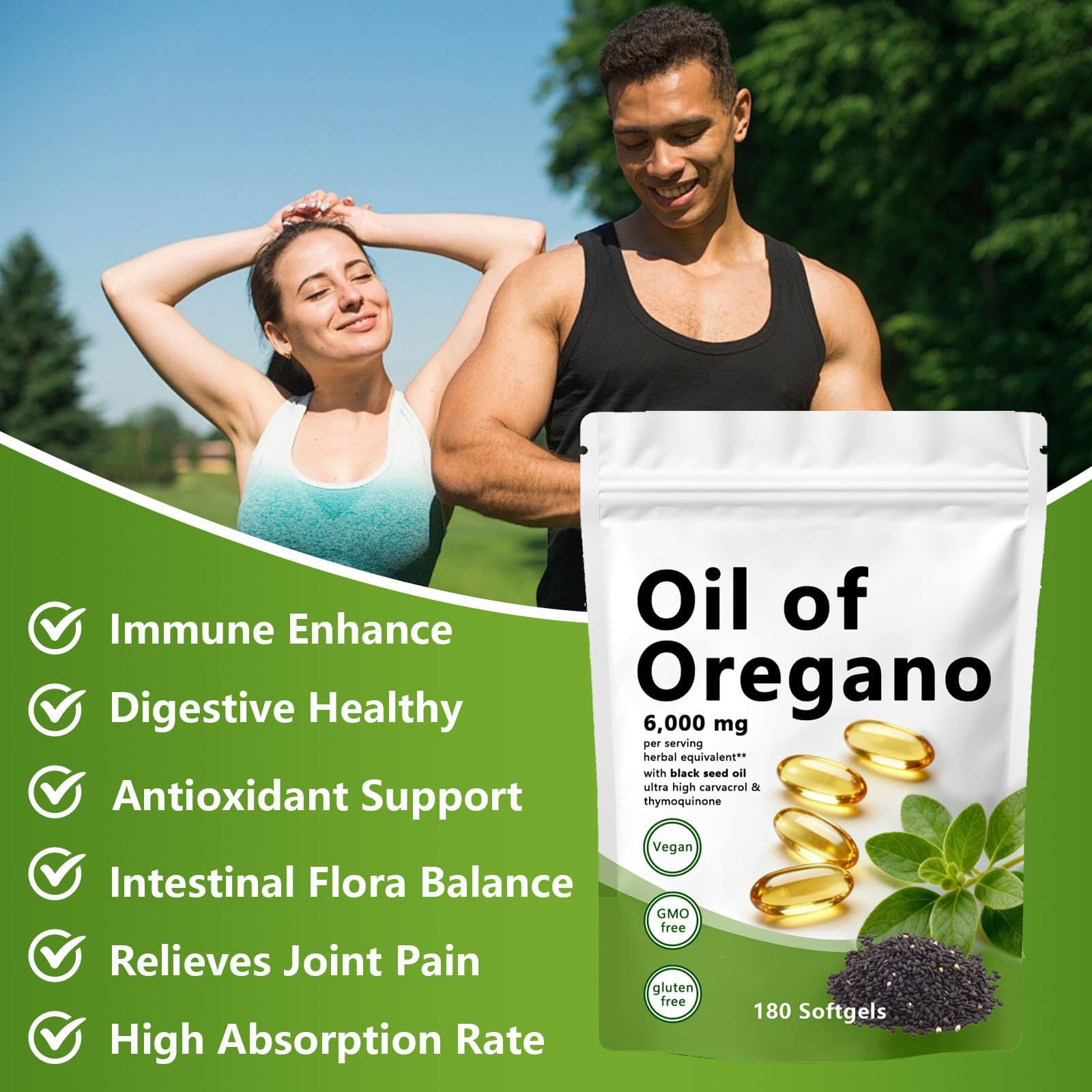 Olio di origano Softgels, 2 in 1 6000 mg olio di origano con oli di semi neri, capsule di integratore di origano, immunità naturale, facile da ingoiare, ricco di nutrienti, esperienza di benessere