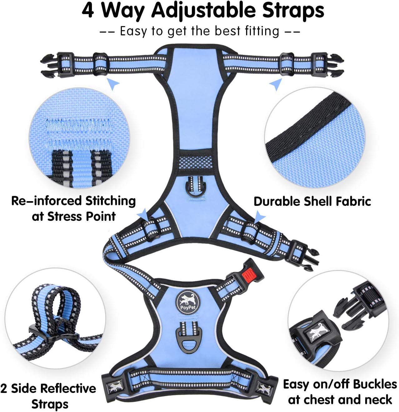 PoyPet No Pull Dog Harness, [Release on Neck] Reflective Adjustable No Choke Pet Vest with Front & Back 2 Leash Attachments, Soft Control Training Handle for Small Medium Large Dogs(Light Blue,M)