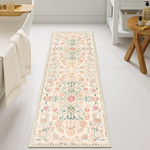 Miniatura 16 de Uphome Alfombra de baño larga con estampado floral beige, suave, antideslizante, lavable a máquina, estilo bohemio, estético, para baño, fregadero,
