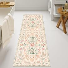 Uphome Bathroom Runner Rug Beige Vintage Long Bathroom Rug Soft Shaggy Non-Slip Large Bath Mat Machine Washable Boho Colorful Floral Bath Rugs for Bedroom Entryway Hallway, 20x60 inch