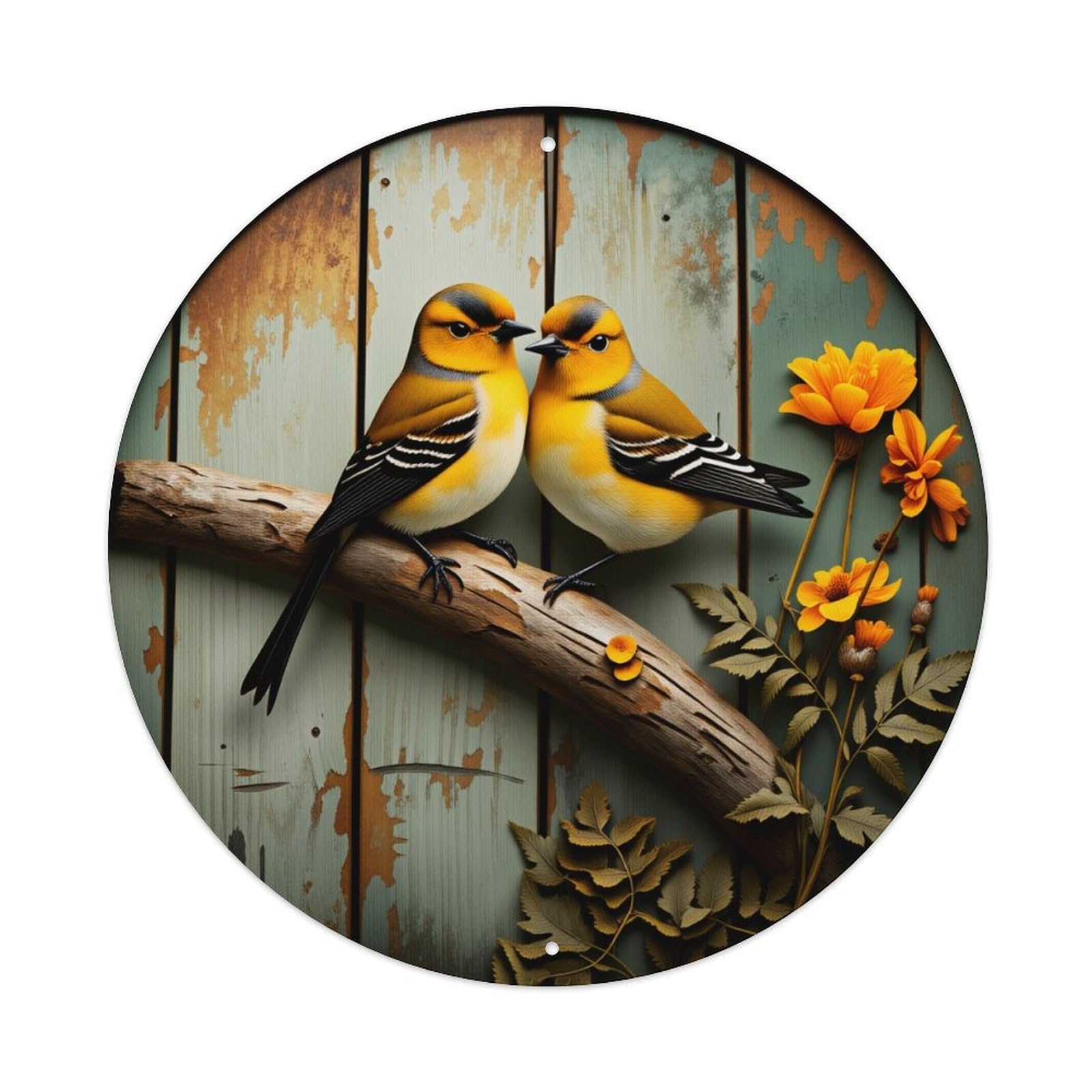 Birds Perched On Branch With Flowers And Rustic Background Metal