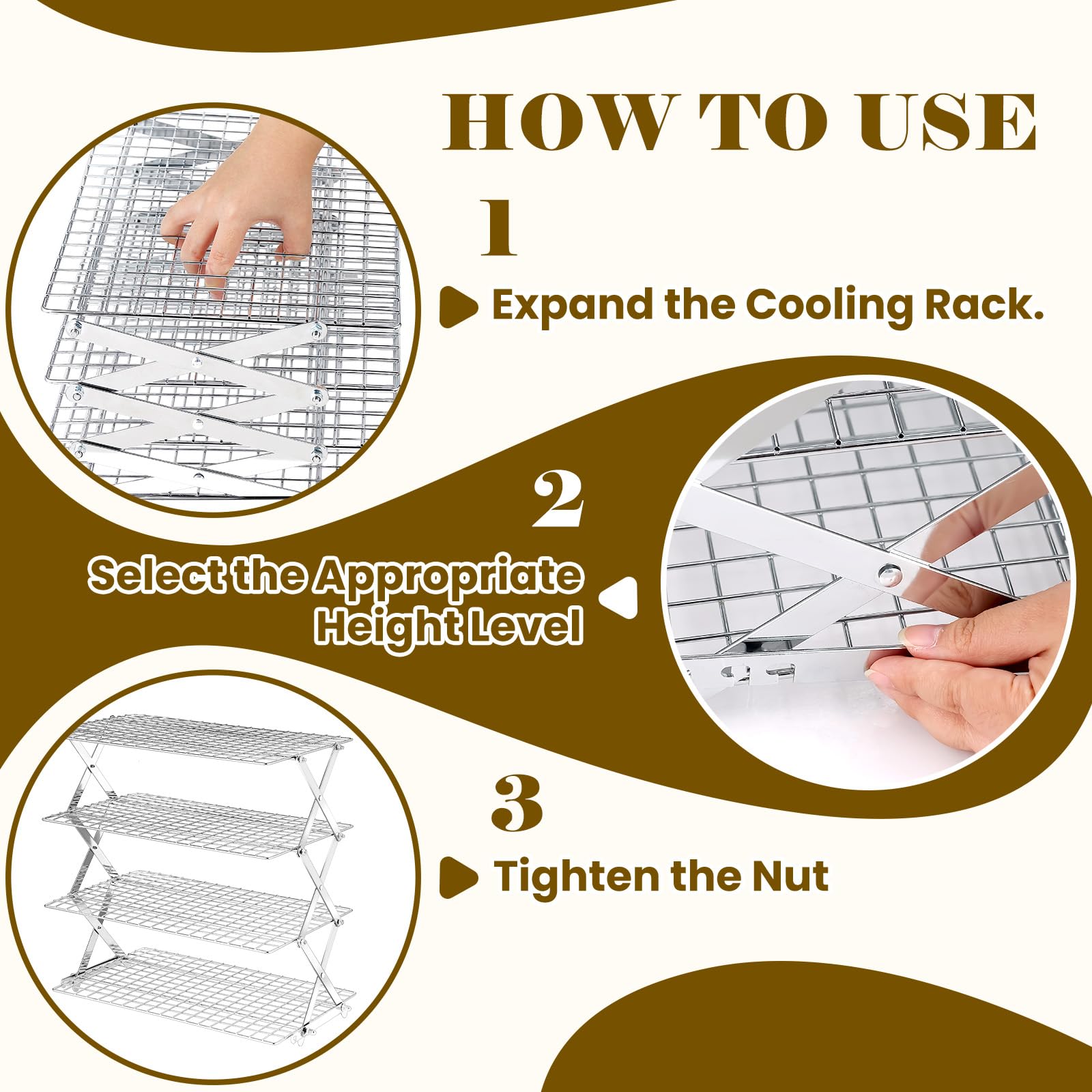 Grille de refroidissement pliable à 4 niveaux – Grille de cuisson réglable en acier inoxydable avec maille anti-fuite, structure en forme de X pour la cuisine et la pâtisserie, passe au lave-vaisselle