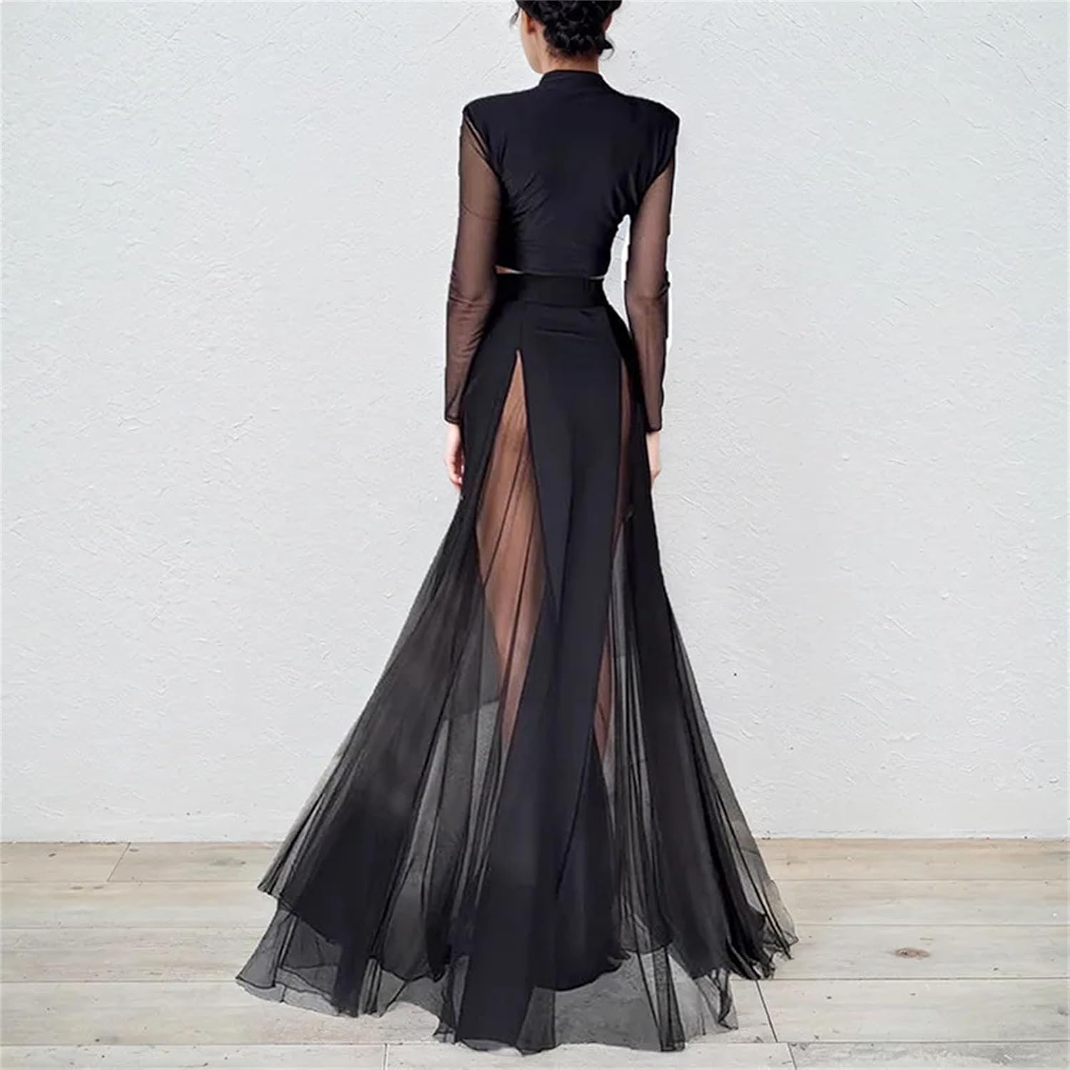 Women's Wrap Waist Set - V-Neck Long Sleeve Top & A-Line Mesh Skirt