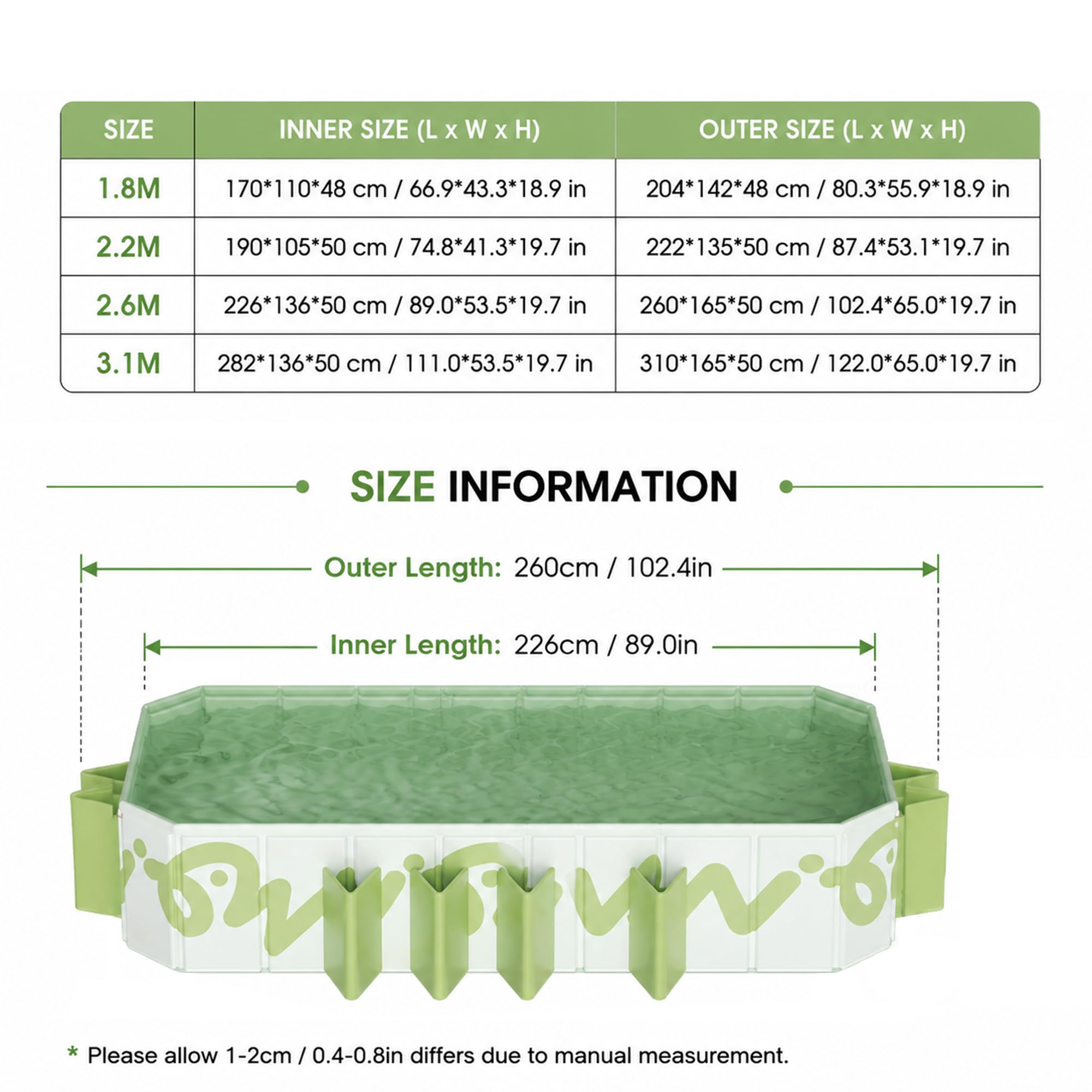 Piscina Elevada Plegable Grande para Niños y Adultos | Piscina Familiar Rectangular No Inflable con Soportes Laterales(green,122in/310cm)