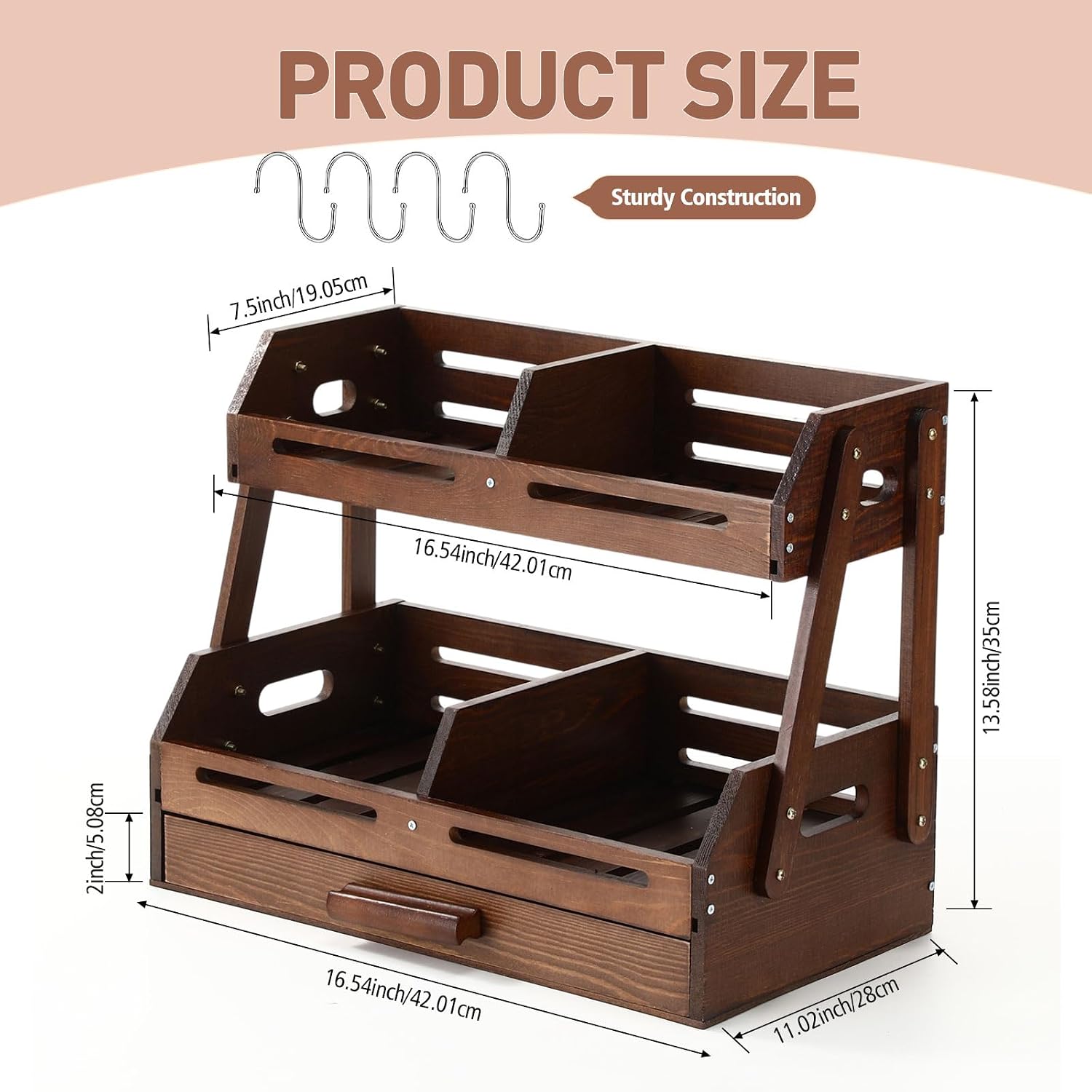 2 Tier Pine Wood Fruit Basket with Drawer Wooden Fruit Bowl for Kitchen Counter Produce Storage Organizer for Vegetables Bread Snacks Home Countertop Food Holder