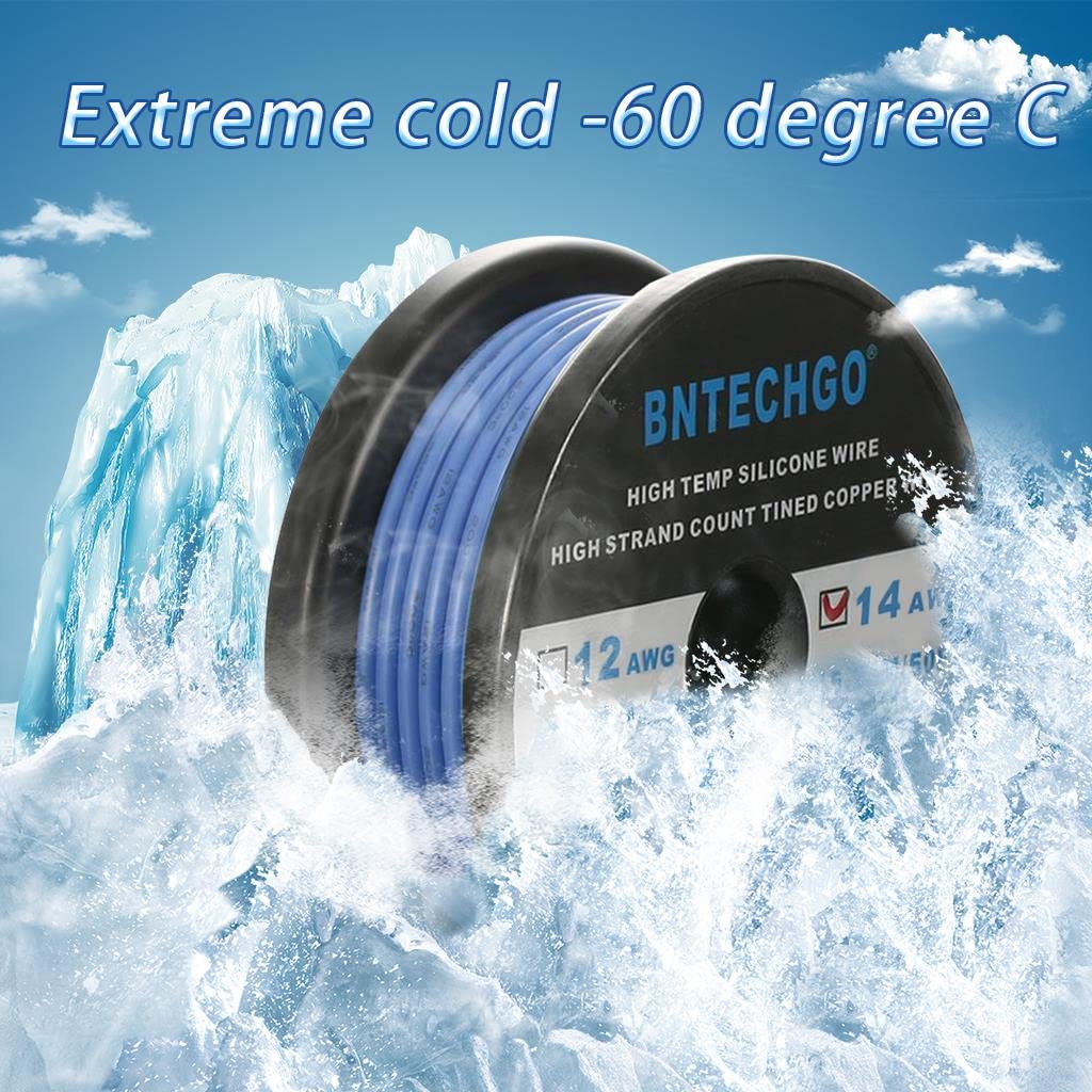 BNTECHGO Bobine de fil de cuivre étamé flexible en silicone de calibre 14, 15,2 m, bleu, 14 AWG