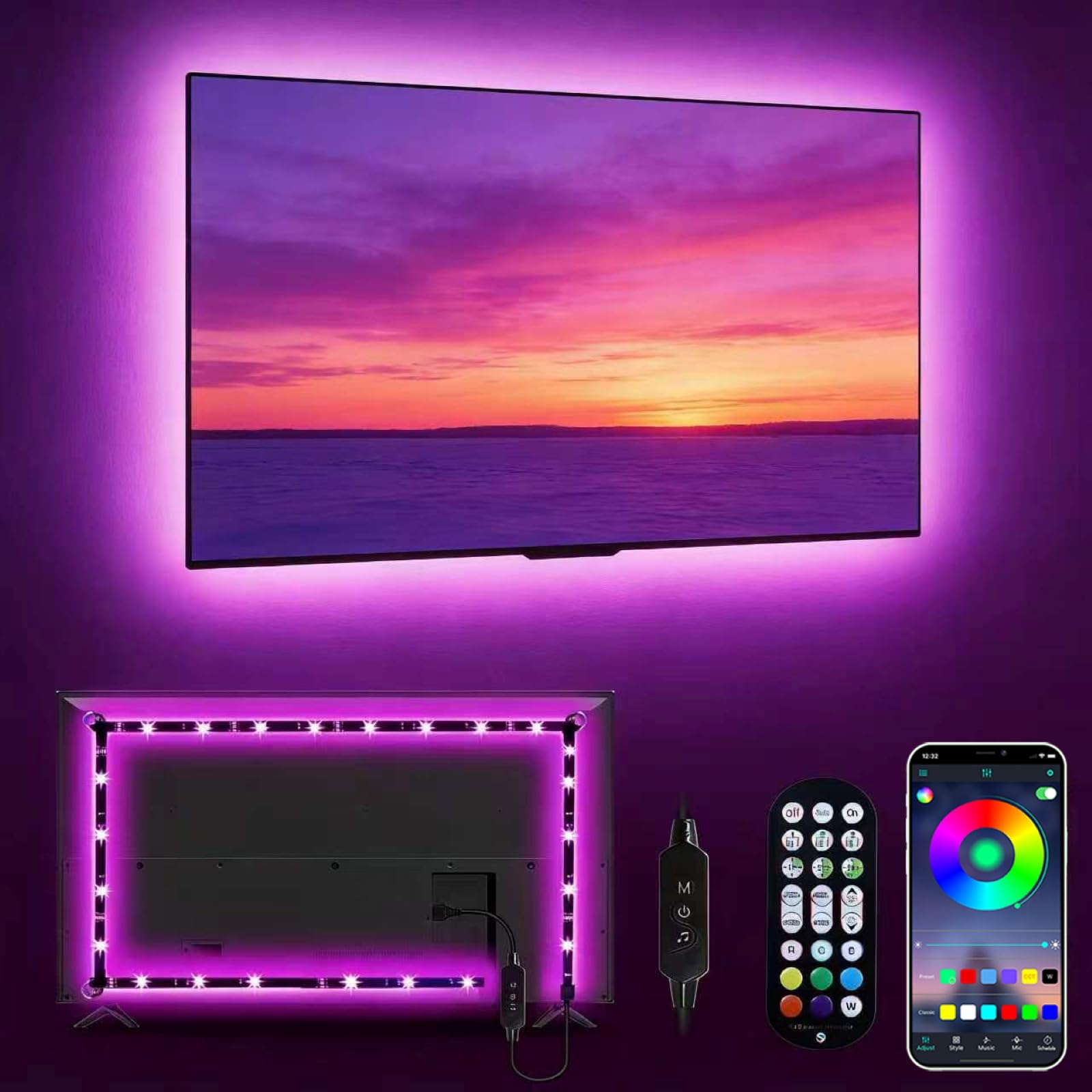 Daymeet LED Lights RGB Backlight, 16.4ft Strip for 65-85 inch TV Behind, Music Sync USB Bluetooth APP Remote Control Color Changing Light for Gaming Room