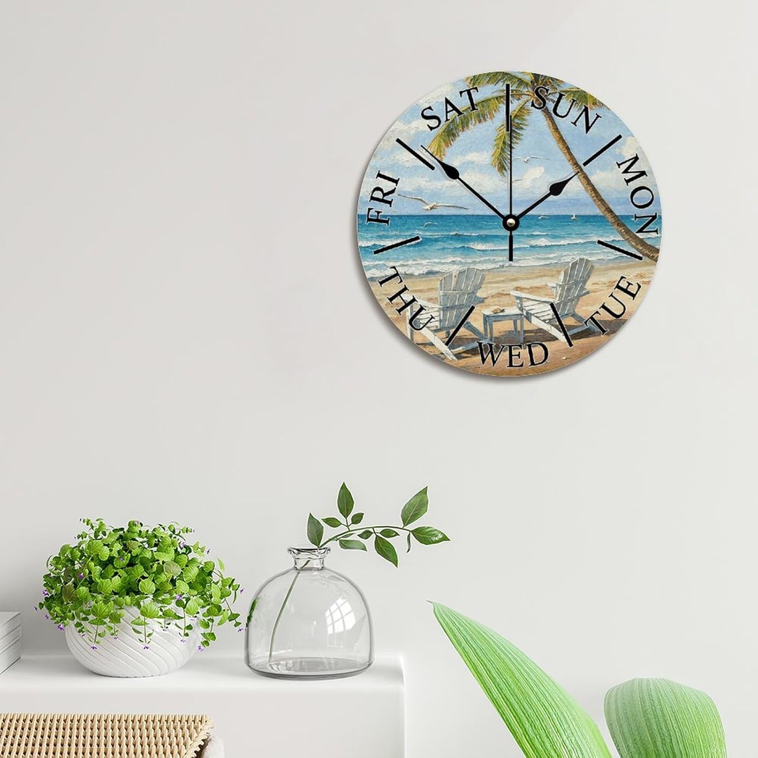 ArogGeld Coastal Beach Themed Wall Clock Day of The Week Large Wooden Wall Clocks Battery Operated 12 Inch Quiet Non-Ticking Retirement Gift Modern Wall Decor for Living Room Kitchen Bedroom