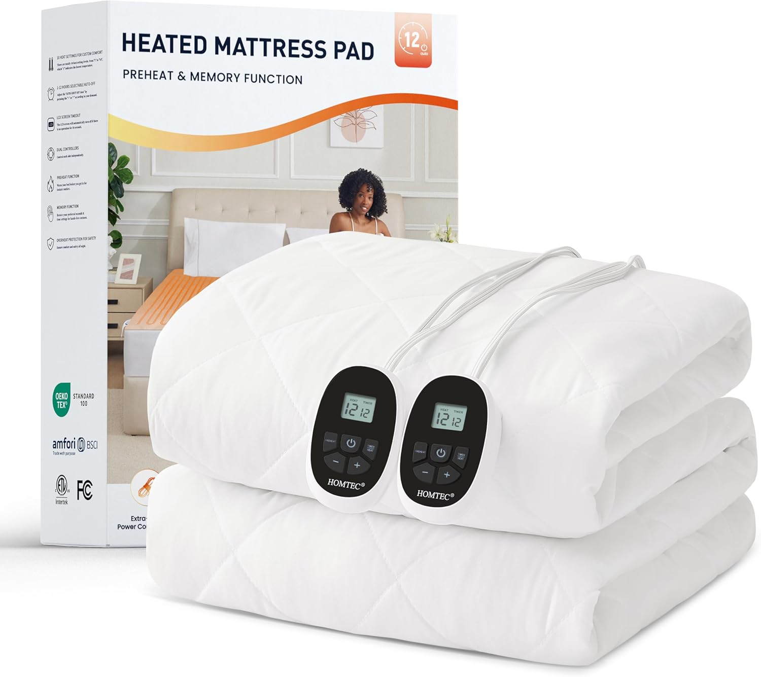 Heated Mattress Pad California King Size with Dual Zone Control, 12 Heat Settings, 1-12H Timer, Preheat & Memory Function, Machine Washable Electric Bed Warmer, ETL & FCC Certified