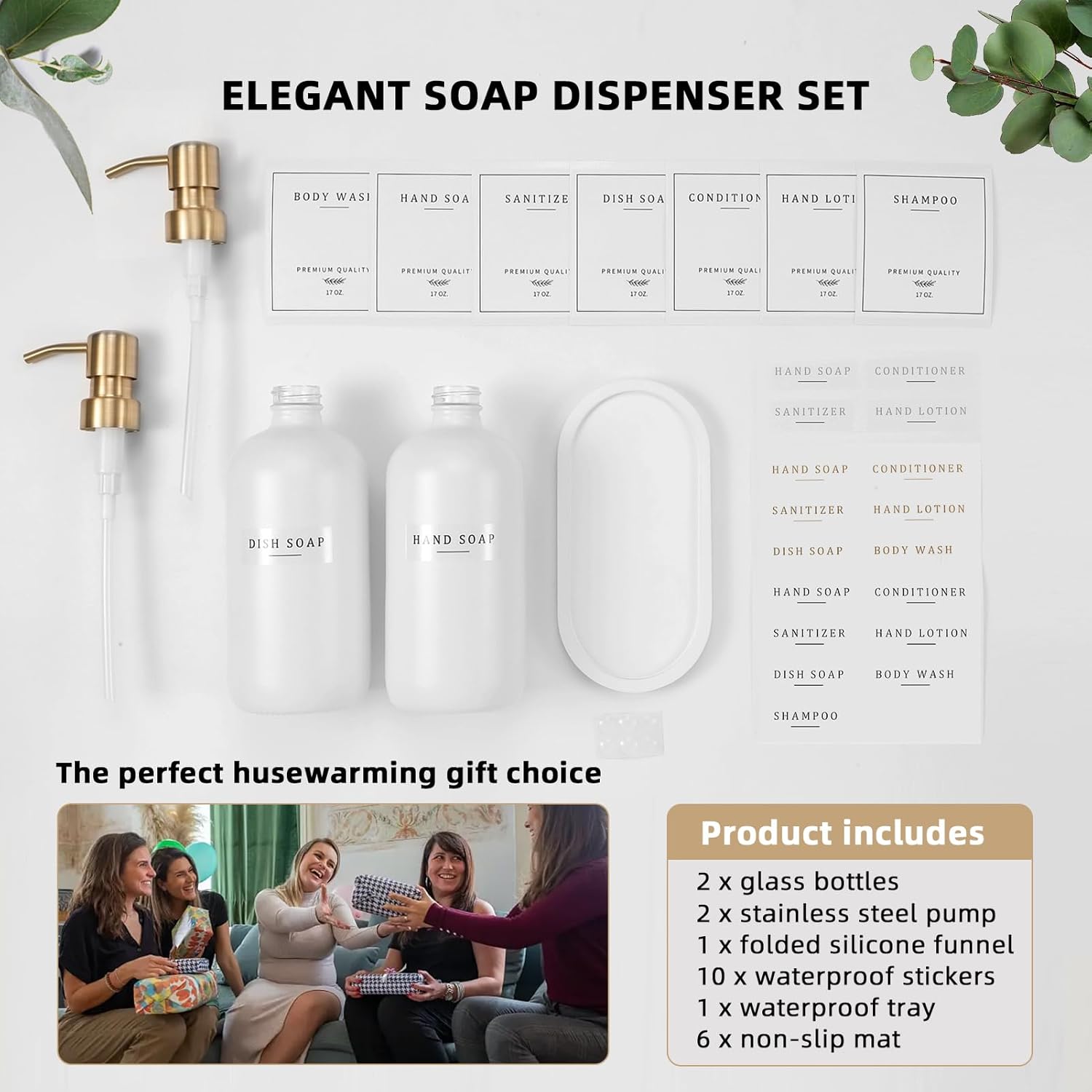 Soap Dispenser Bathroom - Dish and Hand Soap Dispenser Set, Glass Soap Lotion Dispenser with Pump for Kitchen with Tray, Waterproof Labels, 2 Lotion White Bottle/Gold Pump N - Image 7