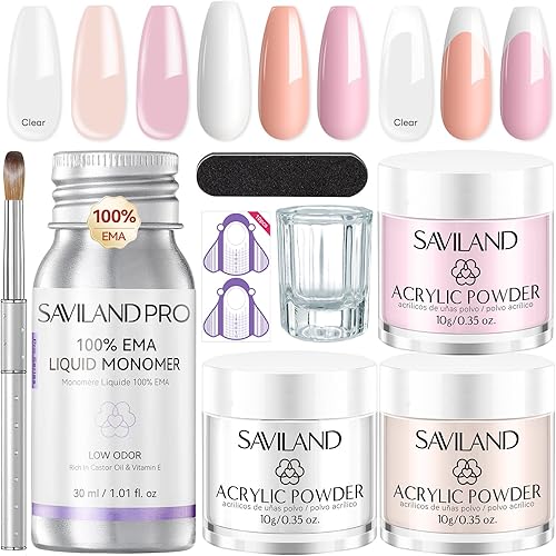 SAVILAND Acrylic Nail Kit for Beginners: Clear Pink Nude Acrylic Powder and Liquid Set with #12 Nail Brush File Forms Dappen Dish for Acrylic Nails Extension & 3D Carving Home DIY Salon Manicure