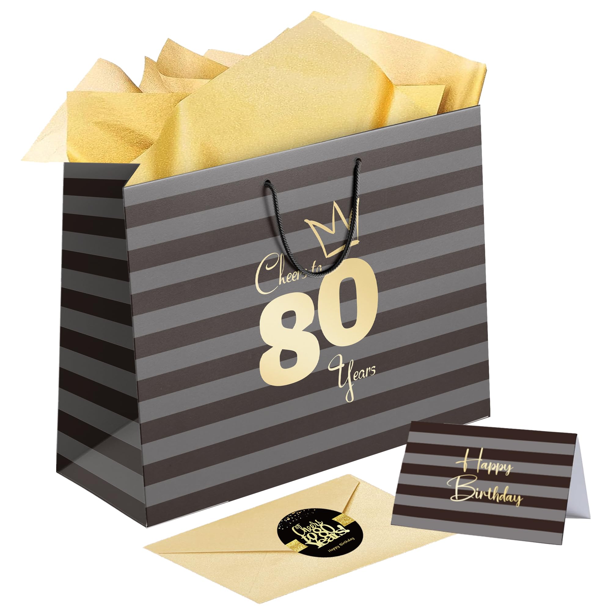 Sumerk 1 PC 13" Large Gift Bag with Card Stickers and Tissue Paper 80th Birthday Bag for Women Men Happy 80th Birthday Gift Bag — image 1