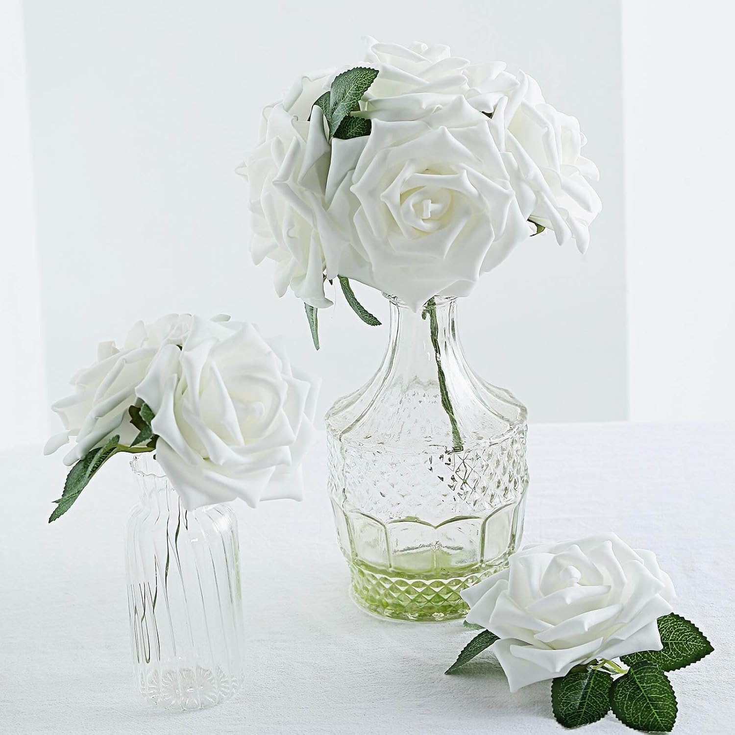 Efavormart Pack of 24 | 5-Inch Large White Artificial Foam Roses with Stems and Leaves, Crisp Real Touch Flowers for Grand Wedding Arches and Backdrops
