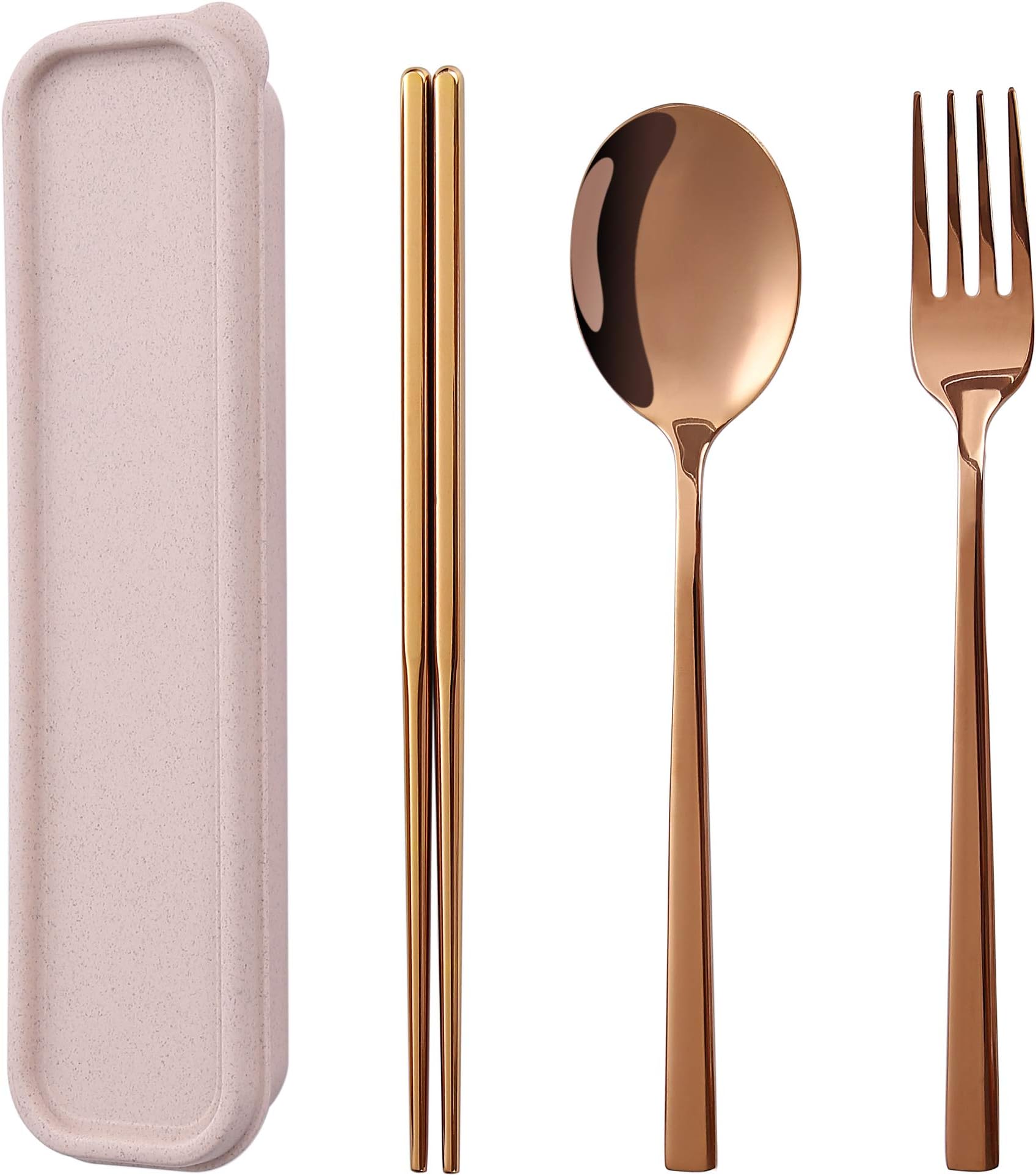 3 Pcs Camping Silverware,Stainless Steel Travel Outdoor Flatware Set Chopsticks Spoon Fork/Portable Travel Work Utensils Cutlery Set with a Wheat Straw Case