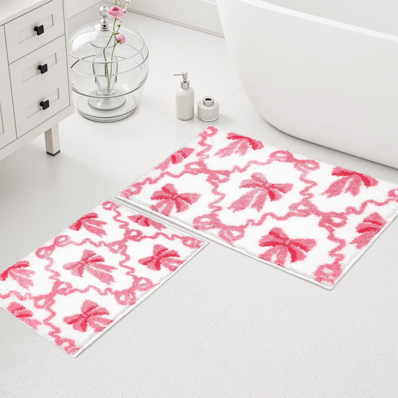 Lindameler Pink Bow Bathroom Rugs Coquette Cute Bath Mat Non Slip Absorbent Bow Bath Mat Washable 16x24 and 20x32 inch Bathroom Mats for Front Door,