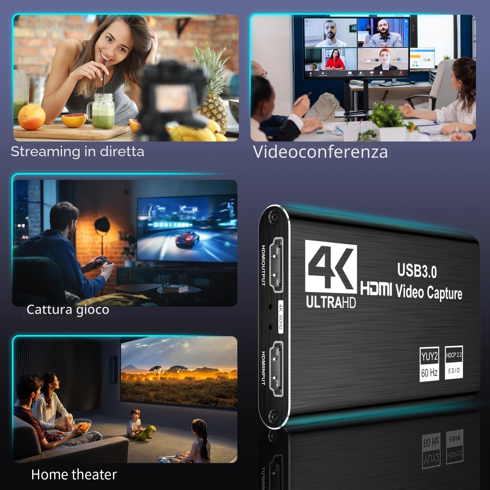 XIIXMASK Scheda di acquisizione video, Scheda di acquisizione USB 3.0 4K HDMI Loop-Out, acquisizione video 1080P 60FPS/2K 30FPS per lo funziona per PS5/Switch/fotocamera/PC/OBS(nero)