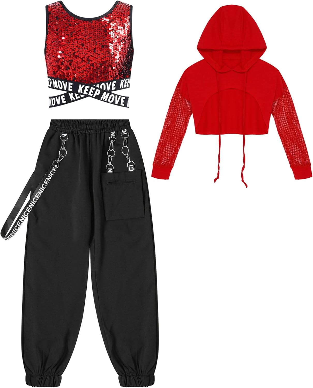 iiniim Kids Girls 3 Piece Tracksuit Shiny Crop Tops Hoodie and Jogger Pants Set Hip Hop Modern Jazz Street Dancewear