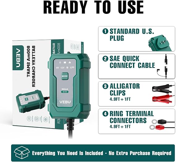 Motorcycle Trickle Charger 800mA Smart Battery Charger & Maintainer - Automatic for 6V/12V Lead Acid/Lithium Batteries, Plug & Play for Car Motorcycle Boat RV