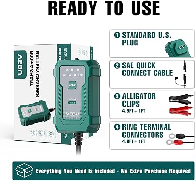 Motorcycle Trickle Charger 800mA Smart Battery Charger & Maintainer - Automatic for 6V/12V Lead Acid/Lithium Batteries, Plug & Play for Car Motorcycle Boat RV