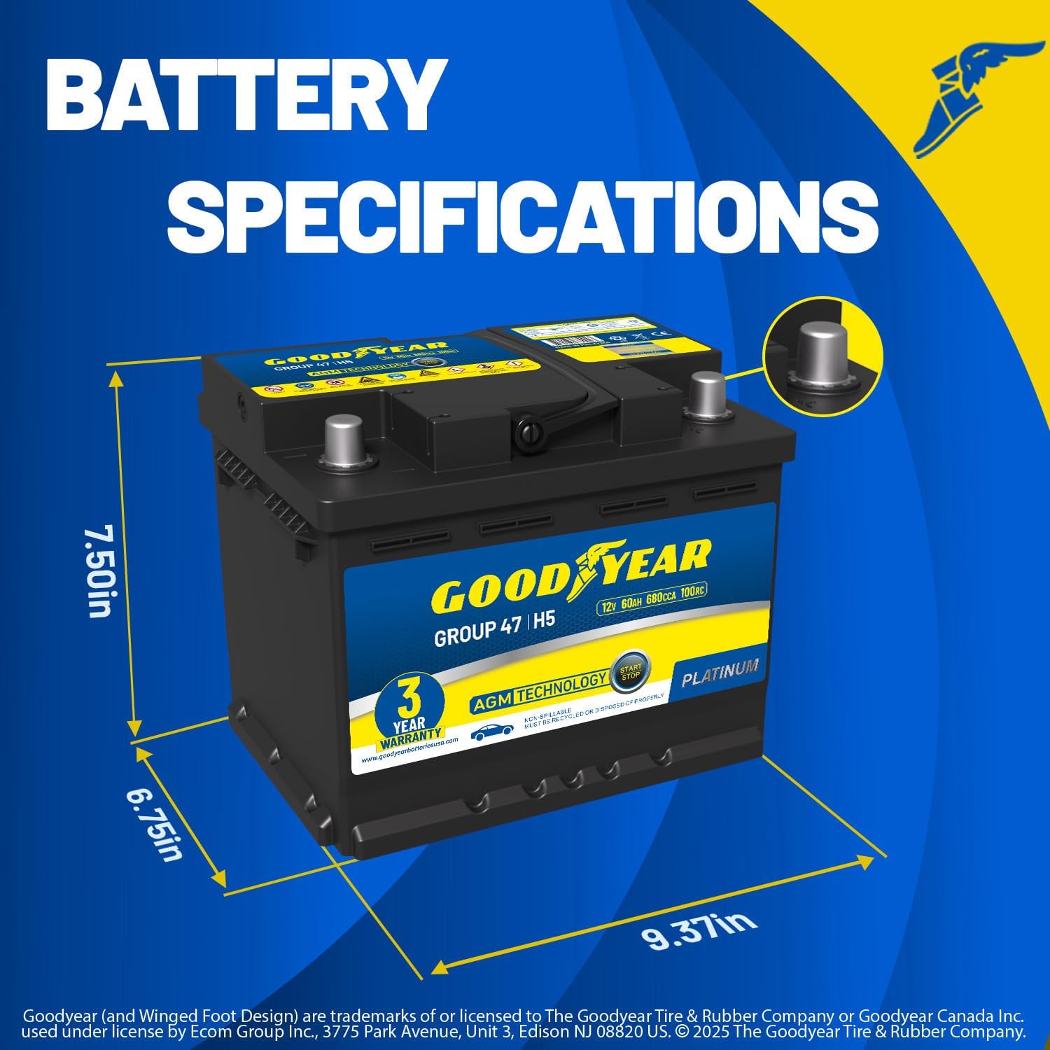 Goodyear 47-H5-AGM BCI Group Size 47 12V 60 AH, 100RC, 680 CCA Platinum series Rechargeable AGM Maintenance Free Automotive Battery