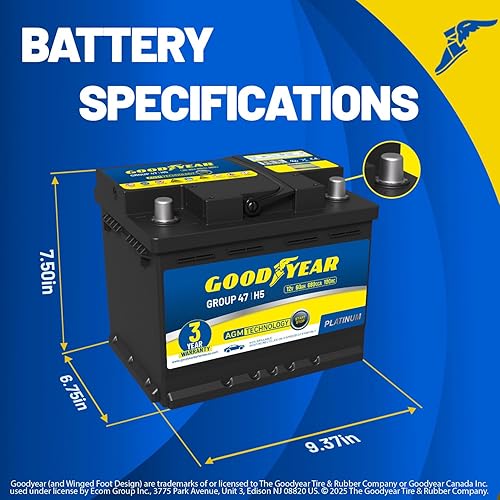 Miniatura 2 de Goodyear 47-H5-AGM Batería Automotriz de Serie Platino, Grupo BCI Tamaño 47, 12V, 60 AH, 100RC, 680 CCA, AGM Recargable, Libre de Mantenimiento