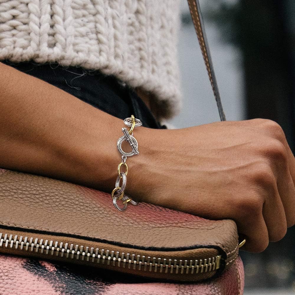 Mytys Chunky Chain Link Bracelet Two-Tone Mixed Metal Textured Toggle Clasp Statement Bangle Bracelet Jewelry for Women Fashion