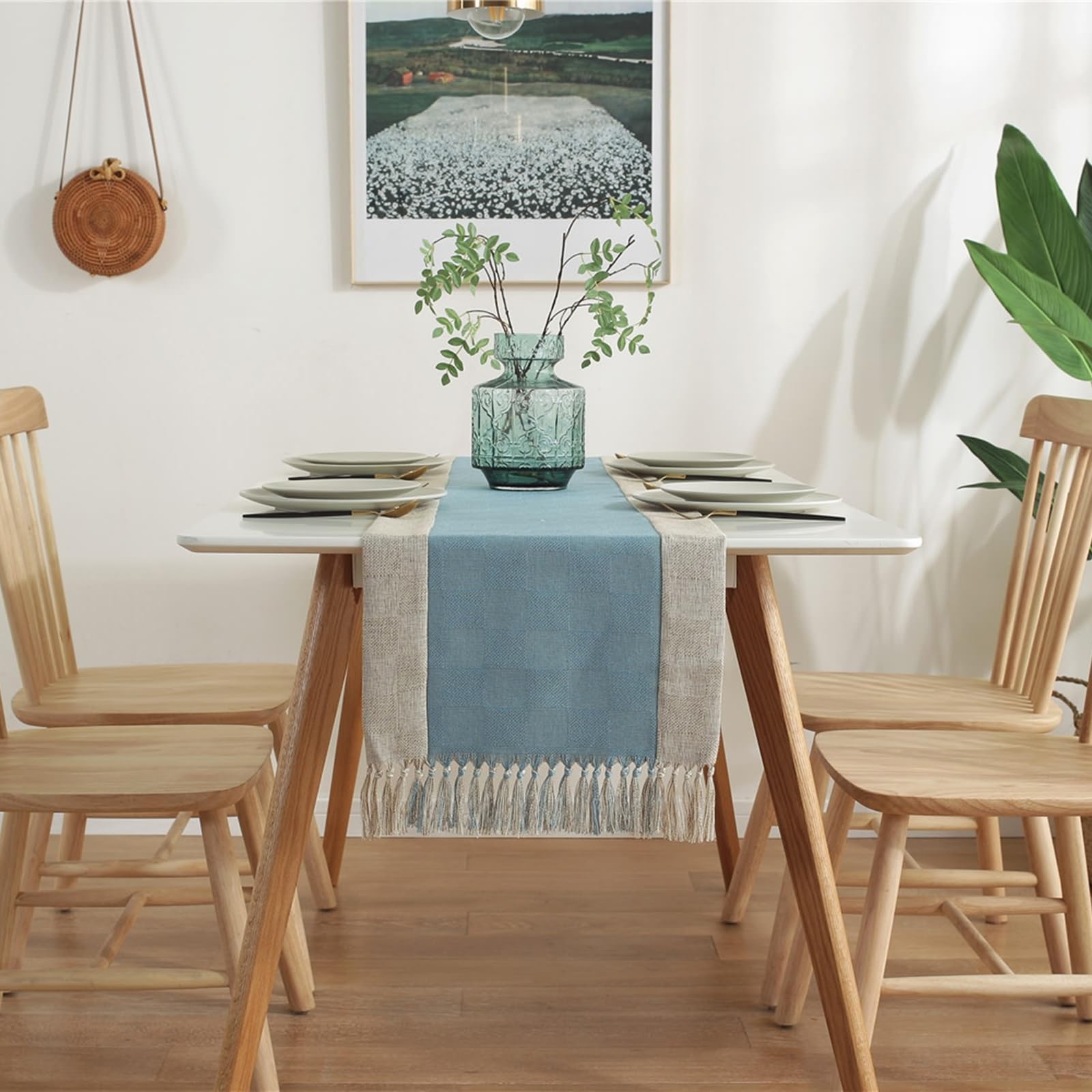 Tischläufer Polyester Landhausstil, Tischläufer Modern 38x180 cm, Zweifarbig Leinenoptik mit Quasten