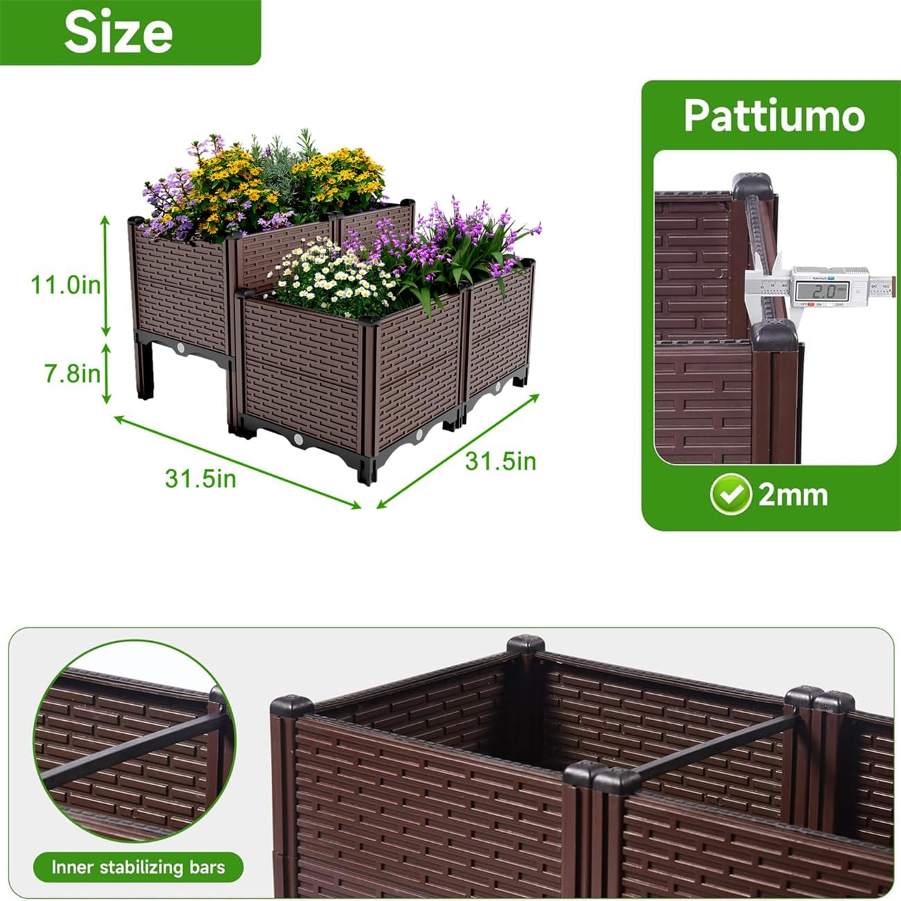 ZeHuoGe 31.5x31.5x19.6in Raised Garden Beds Outdoor, Polypropylene Planter Boxes Outdoor for Vegetables, Flowers, Herbs, Garden Box with Drain Outlet, Heat and Frost Resistance Planters, 440Ibs