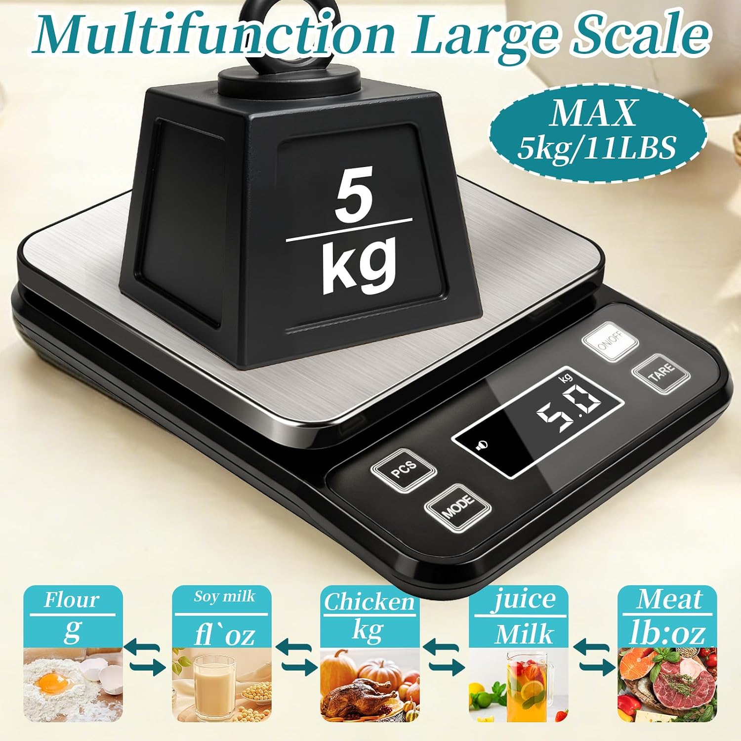 Digital Food Scale, 22lb Waterproof Kitchen Scale, 304 Stainless Steel Platform, Type-C Rechargeable & Backup Battery Mode, Gram Scale for Meal Prep, Coffee