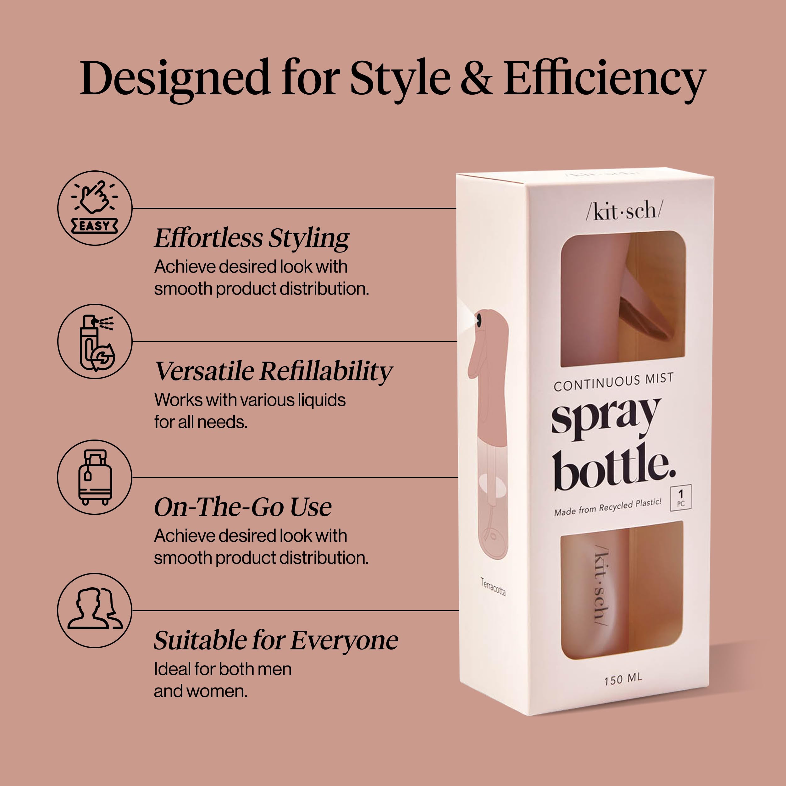 Kitsch Spray Bottle for Hair - Continuous Water Mister with Ultra Fine Mist for Hairstyling, Barbers, Salons, Cleaning, Plants, Versatile Spray Bottles - Made from Recycled Plastic - Terracotta, 5 oz - 4