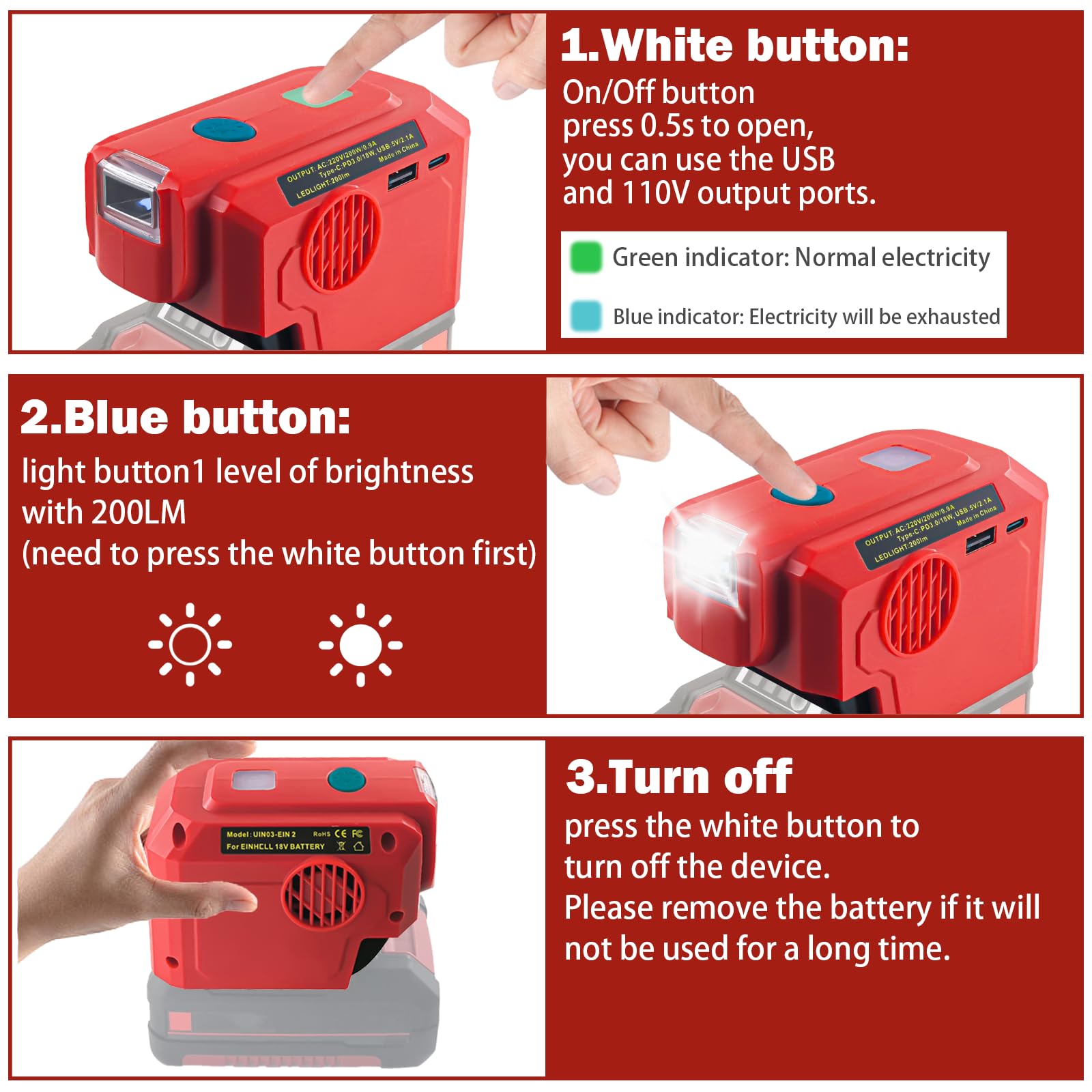 Onduleur Portable 200W Pour Batterie Einhell 18V - Convertisseur 18V Vers 220-240V + Ports USB Et USB-C