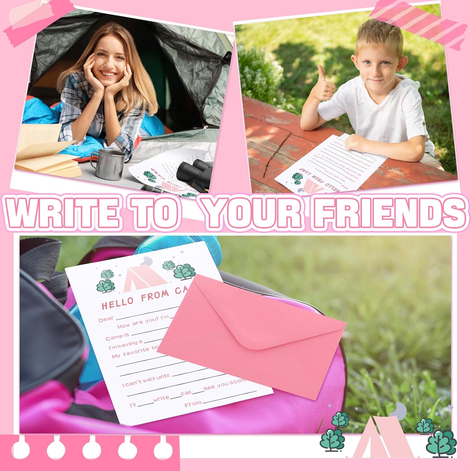 Honoson 48pcs/24set Camp Stationary for Girls Hello from Camp Cards and Envelopes SummerCamp Stationery Set Cute Pink Thank You Notes Writing Kit for Summer Camper