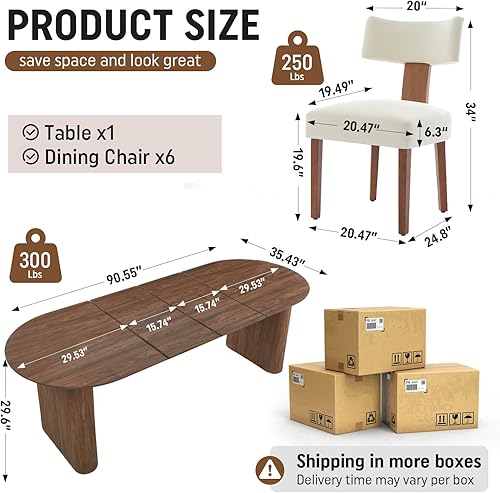 Miniatura 4 de Juego de mesa de comedor ovalada extensible de 59 a 90 pulgadas con 6 sillas de comedor con respaldo en T para 6 personas, moderna mesa de comedor
