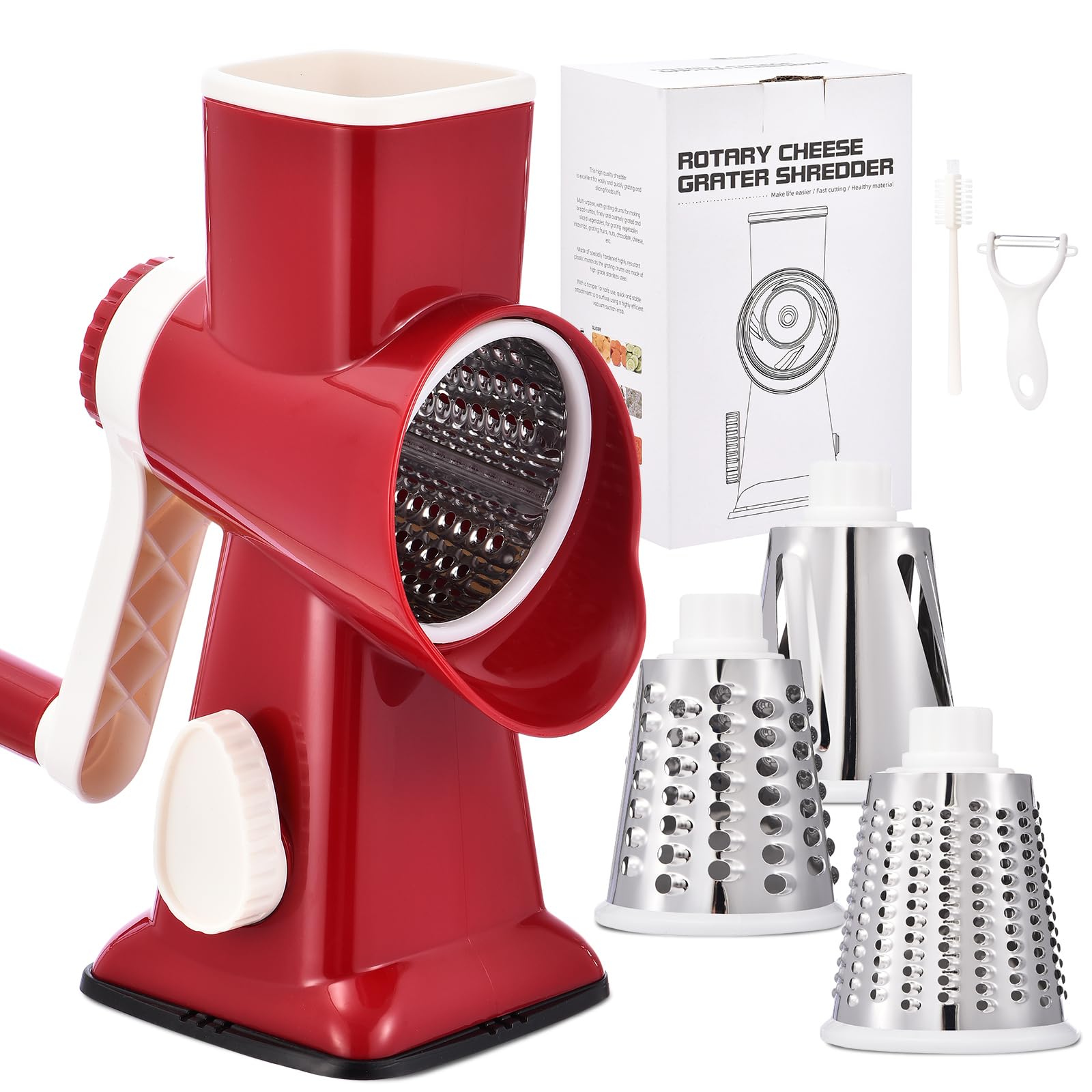 Rotary Cheese Grater with Handle Kitchen Shredder Slicer Grater Slicer Ice Shaver Cheese Vegetable Nuts Potato Zucchini Chocolate 3 Interchangeable Blades (RedWhite)