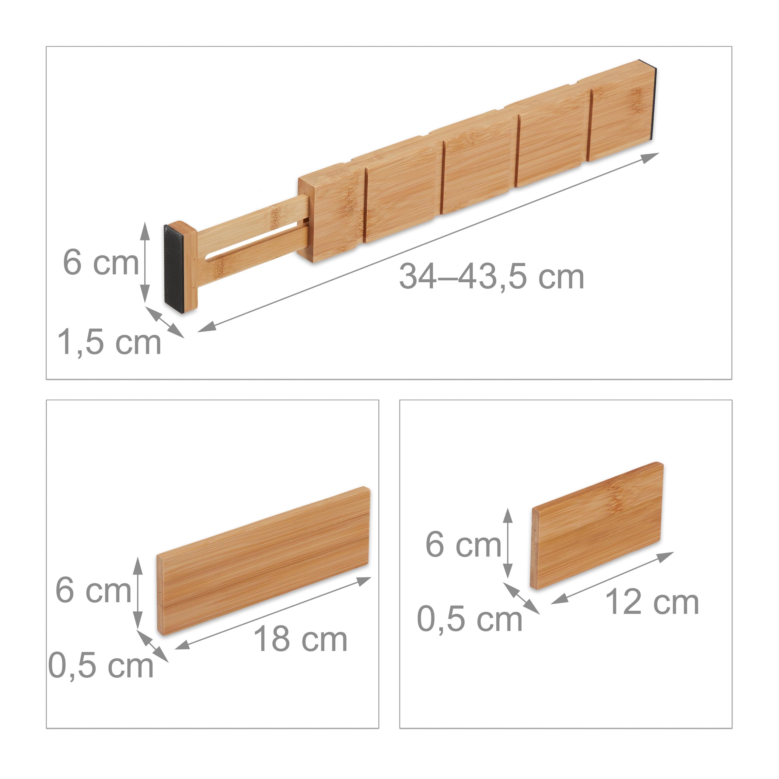 Relaxdays Pack Separadores de Cajones Ajustables, 13 Piezas Divisoras Cajoneras, Gavetas, 34 a 43,5 cm, Bambú, Natural