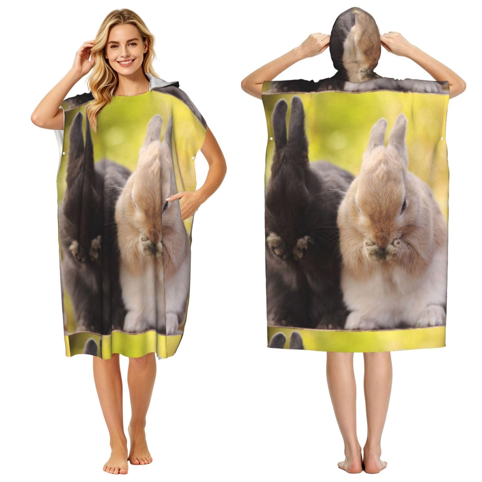 Poadnly Rabbit Fluffy, Adult Hooded Beach Towel 90 x 110 cm,Changing Bath Robe, Surf Poncho Towel For Women Men