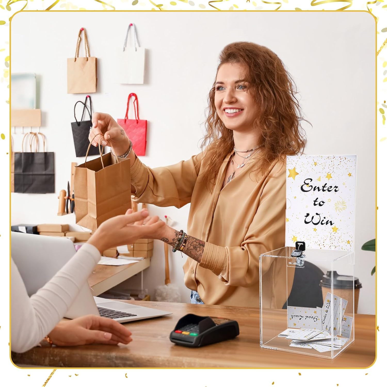 Beeveer 1 Pcs 6.7 x 5 x 8 Inch Acrylic Raffle Box with Lock 200 Pcs Raffle Tickets Cards Ticket Box with Sign Holder Suggestion Storage with Slot Clear Donation Collection for Vote