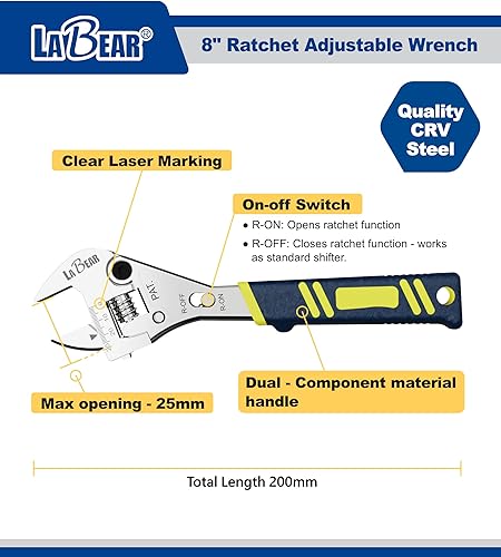Miniatura 2 de LABEAR - Llave de trinquete ajustable de 8 pulgadas de largo x 1 pulgada (0.984 in)