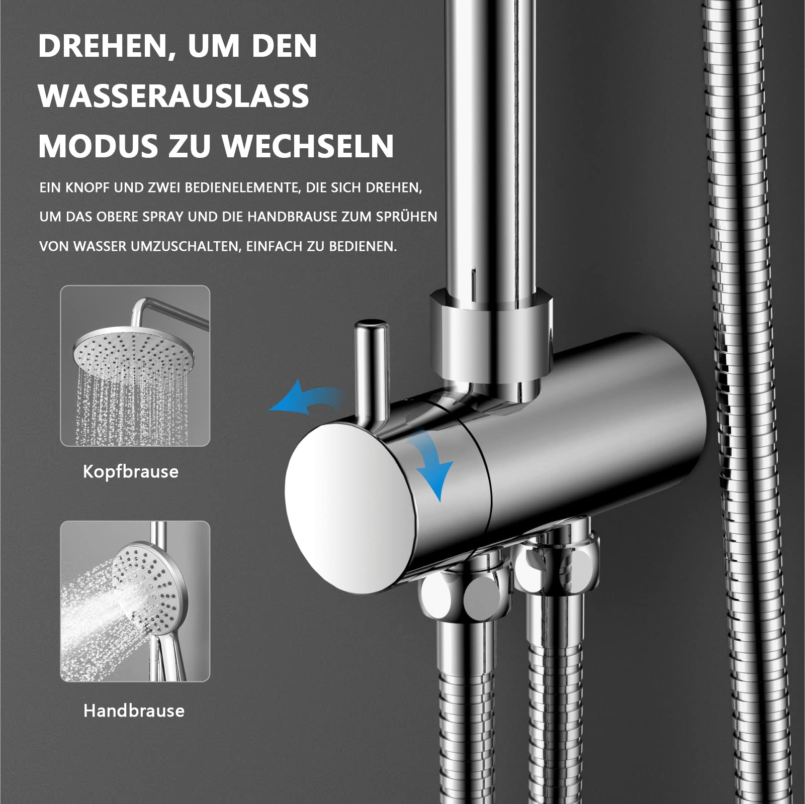 KOMIRO Duschsystem ohne Armatur, Regendusche ohne armatur Duschstangeset Duschsäule Set Duschset mit Regendusche Kopfbrause und 5 Strahlarten Handbrause, Runde, Chrom