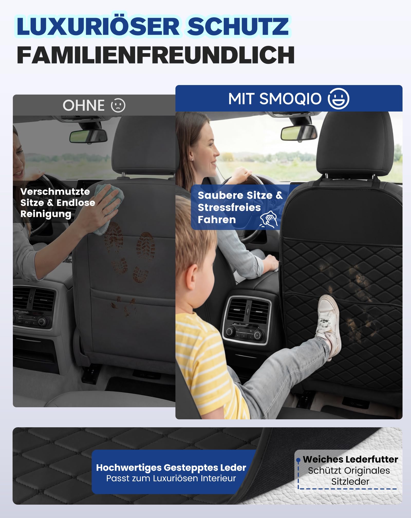 Autositzschutz für Kinder Rückenlehne mit Aufbewahrungstasche, Sitzschoner gegen Flecken, 2er-Pack Schwarz