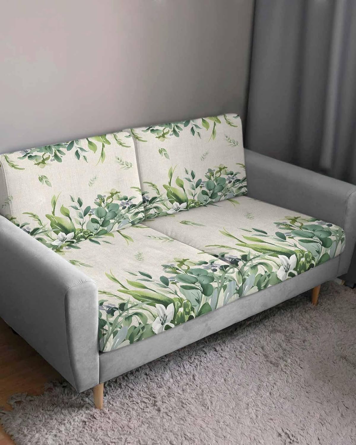 Eucalyptus Leaves Sofa Couch Cushion Covers Washable, Spring Summer Botanical Rustic Burlap Removable Stretchable Sectional Couch Covers Slipcovers for L & T Shape Sofa Furniture Protector M Size 1 pc
