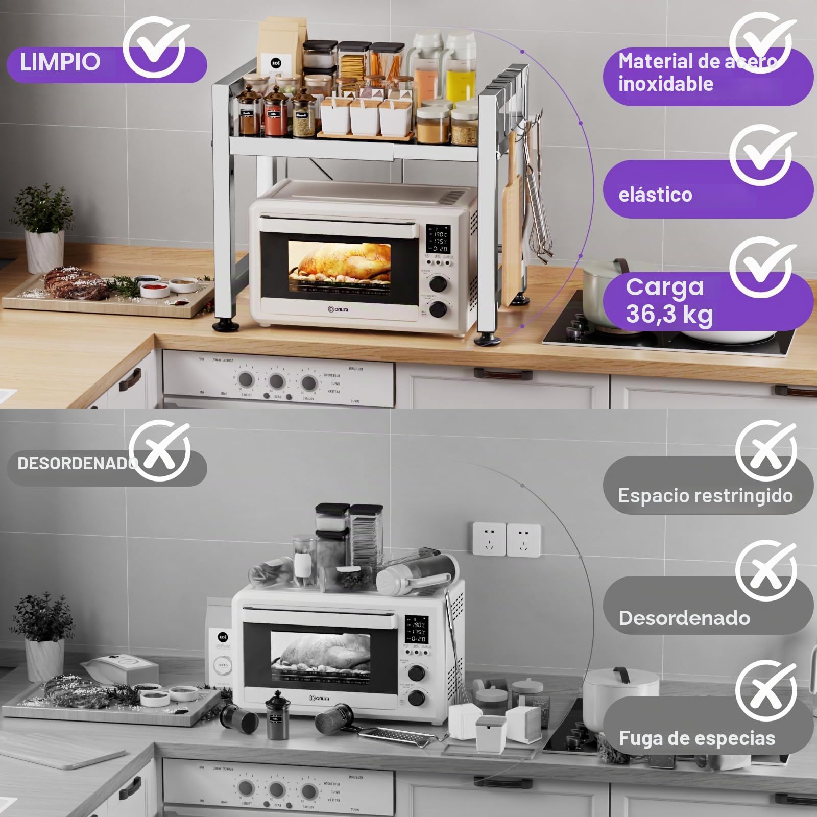 Estante extensible para horno de microondas, estante ajustable sobre microondas, soporte de encimera de acero inoxidable de 2 niveles con 4 ganchos para utensilios de cocina, almacenamiento de