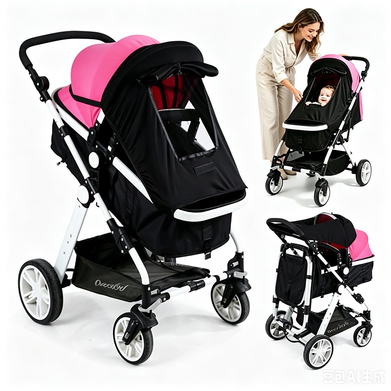 Pram Sun Shade,Universal Pram Sun Shade Cover with Mesh Viewing Window, UPF50+ Blackout Canopy Blocks 99% UV Rays, Breathable Sunshade Shield for Strollers,Pushchair