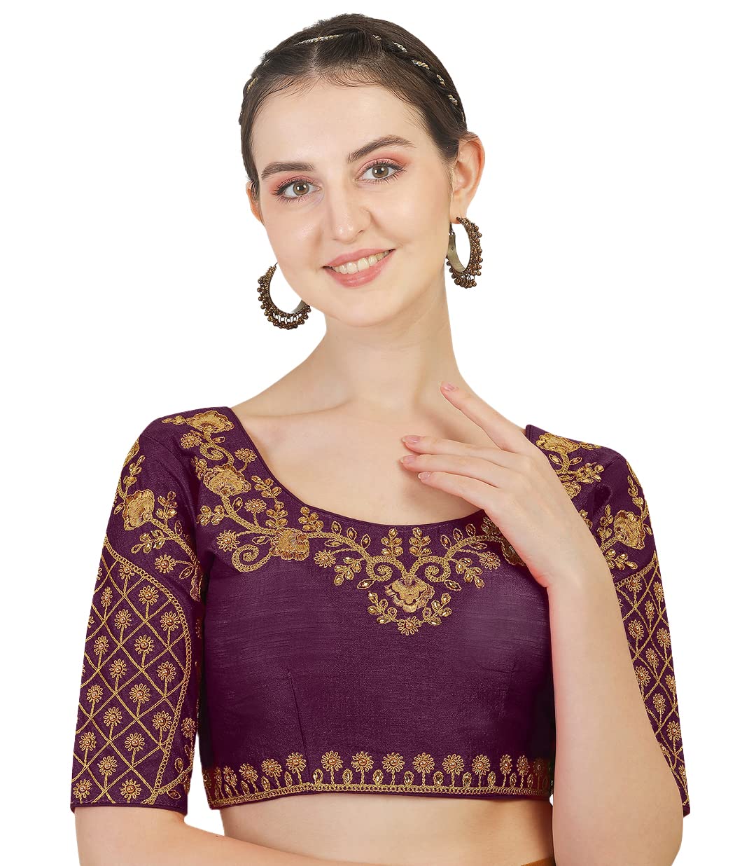 Vihu Fashion Women's Silk Floral Half Sleeve Blouse (Floral Blouse Wine_38)