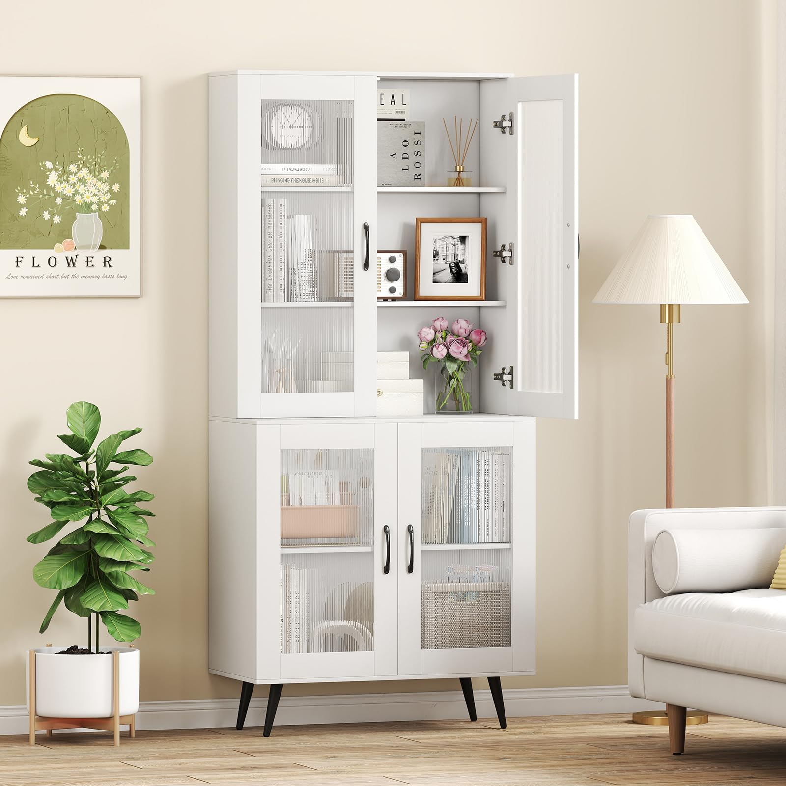RELAX4LIFE Dispensa Cucina, Credenza Autonoma con Ante Traslucide & Ripiano Regolabile, Armadio Alto Moderno per Soggiorno, Sala da Pranzo, Ufficio a Casa, 80 x 40 x 178,5 CM, Nero/Bianco (BIANCO)