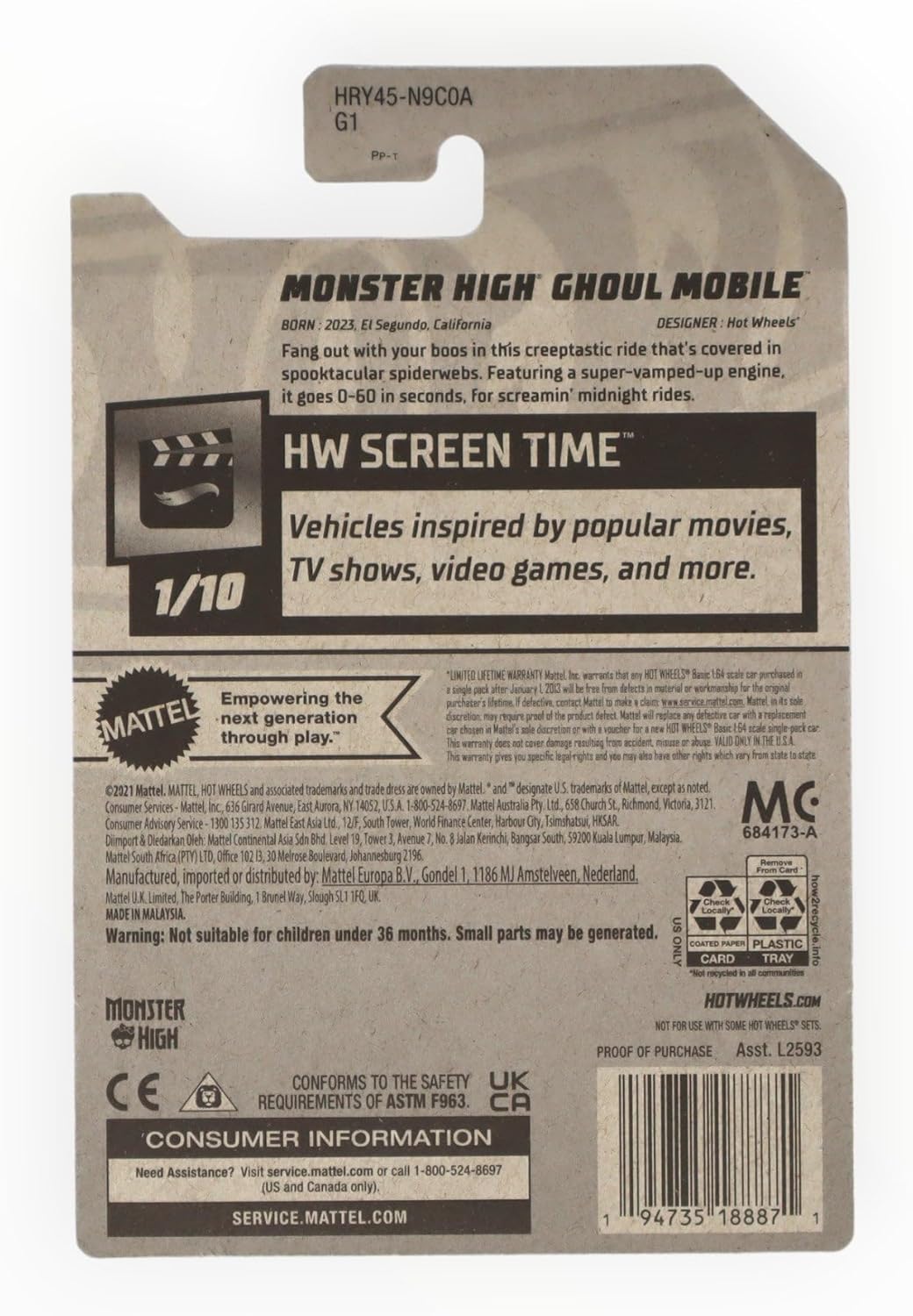 Mattel Hot Wheels Monster High Ghoul Mobile, HW Screen Time 1/10 [Purple] 3/250