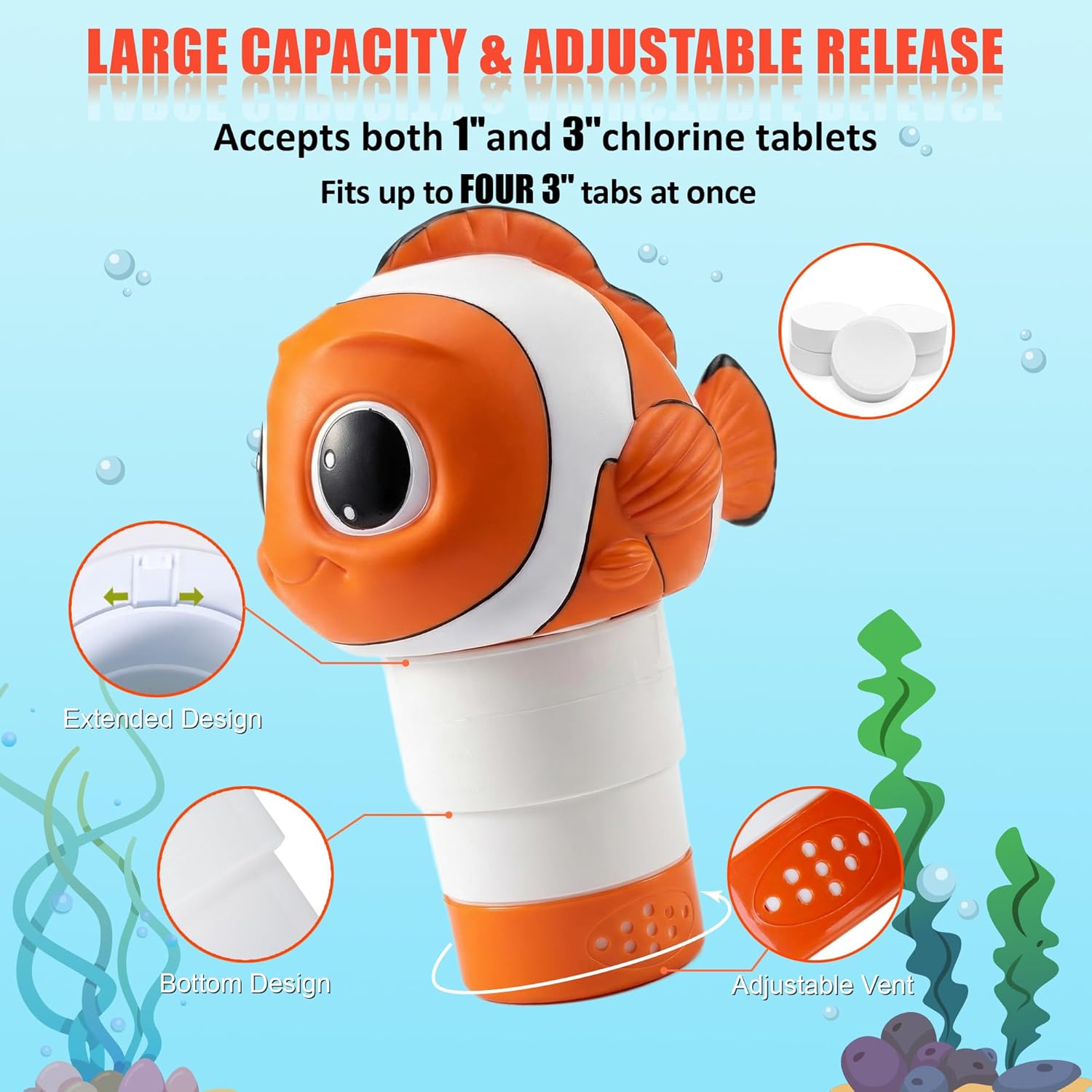 Chlorine Floater for Pool, Floating Chlorine Dispenser, Large Bromine Tablet Holder, Fits 1 and 3 Inch Tablets for Above & In-Ground Swimming Pool, Hot Tub, Spa - Cute Clown Fish
